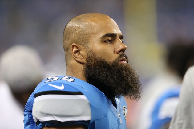 DETROIT MI - OCTOBER 11: Linebacker DeAndre Levy #54 of the Detroit Lions watches the action from the side lines during the fourth quarter of the game against the Arizona Cardinals on October 11, 2015 at Ford Field in Detroit, Michigan. The Cardinals defeated the Lions 42-17.  (Photo by Leon Halip/Getty Images)