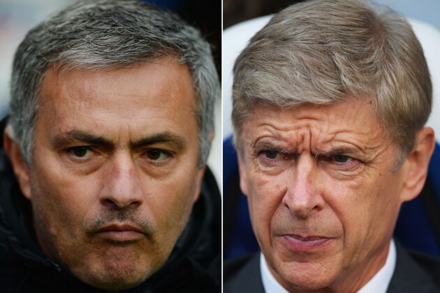 (FILE PHOTO - EDITORS NOTE: COMPOSITE OF TWO IMAGES - Image Numbers 186970818 (L) and 185913816) In this composite image a comparison has been made between Chelsea Manager Jose Mourinho (L) and Arsenal Manager Arsene Wenger. The Premier League match between Arsenal and Chelsea takes place on December 23, 2013 at the Emirates Stadium, London, England. ***LEFT IMAGE*** NEWCASTLE UPON TYNE, ENGLAND - NOVEMBER 02: Chelsea manager Jose Mourinho watches on during the Barclays Premier League match between Newcastle United and Chelsea at St James' Park on November 02, 2013 in Newcastle upon Tyne, England. (Photo by Mark Runnacles/Getty Images)  ***RIGHT IMAGE*** LONDON, ENGLAND - OCTOBER 26: Arsene Wenger, manager of Arsenal looks on during the Barclays Premier League match between Crystal Palace and Arsenal at Selhurst Park on October 26, 2013 in London, England. (Photo by Clive Rose/Getty Images)