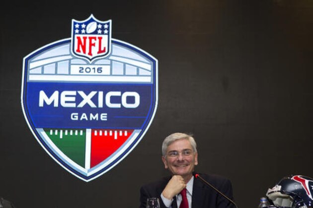 CORRECTS OKLAHOMA TO OAKLAND - NFL Mexico General Director Arturo Olive smiles during a press conference to present the logo for a regular season NFL game to be played in Mexico, in Mexico City, Friday, June 3, 2016. The Houston Texans will play the Oakland Raiders in Azteca Stadium the 21st of November. (AP Photo/Rebecca Blackwell)