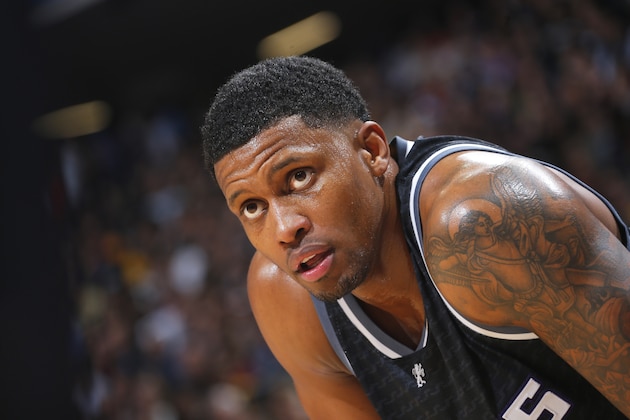 SACRAMENTO, CA - NOVEMBER 10: Rudy Gay #8 of the Sacramento Kings looks on during the game against the Los Angeles Lakers on November 10, 2016 at Golden 1 Center in Sacramento, California. NOTE TO USER: User expressly acknowledges and agrees that, by downloading and or using this photograph, User is consenting to the terms and conditions of the Getty Images Agreement. Mandatory Copyright Notice: Copyright 2016 NBAE (Photo by Rocky Widner/NBAE via Getty Images)