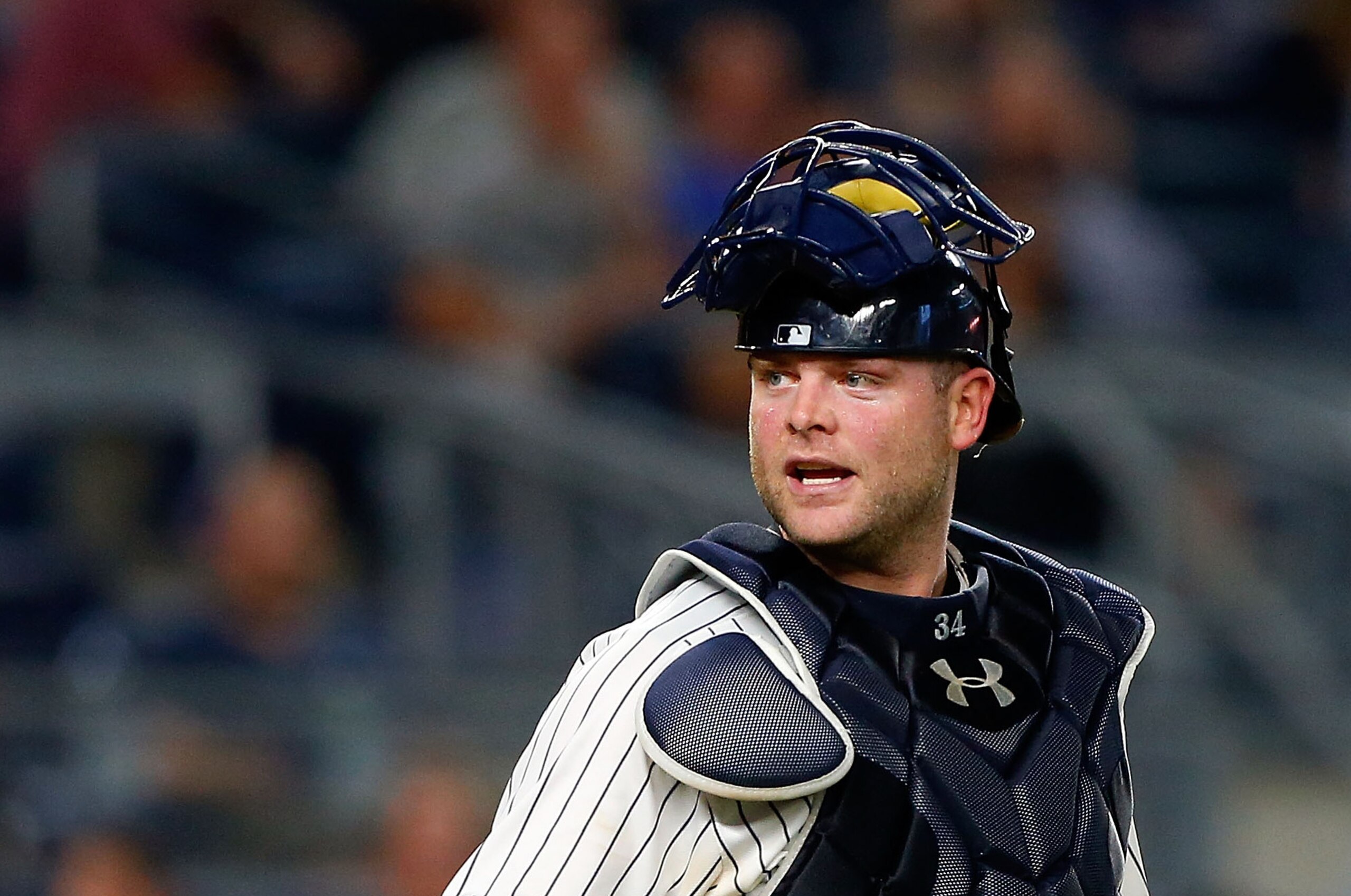 NEW YORK, NY - SEPTEMBER 08:  Brian McCann #34 of the New York Yankees in action against the Tampa Bay Rays at Yankee Stadium on September 8, 2016 in the Bronx borough of New York City. The Yankees defeated the Rays 5-4.  (Photo by Jim McIsaac/Getty Images)