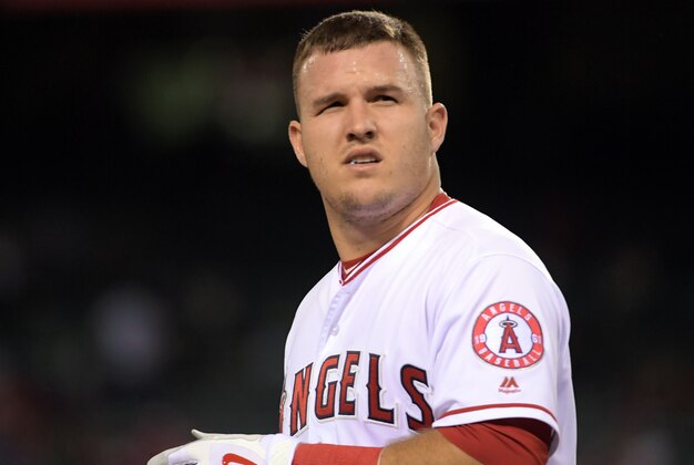 Sep 14, 2016; Anaheim, CA, USA; Los Angeles Angels of Anaheim center fielder Mike Trout (27) reacts during a MLB game against the Seattle Mariners at Angel Stadium of Anaheim. Mandatory Credit: Kirby Lee-USA TODAY Sports