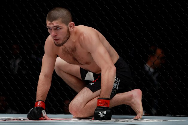 NEW YORK, NY - NOVEMBER 12:  Khabib Nurmagomedov of Russia reacts against Michael Johnson of the United States in their lightweight bout during the UFC 205 event at Madison Square Garden on November 12, 2016 in New York City.  (Photo by Michael Reaves/Getty Images )