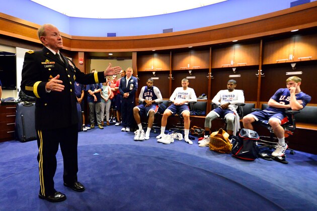 NEW YORK, NY - AUGUST 20: General Martin E. Dempsey Chairman of the Joint Chiefs of Staff speaks to the USA Men's National National Team during practice on August 20, 2014 at the Madison Square Garden in New York, New York. NOTE TO USER: User expressly acknowledges and agrees that, by downloading and/or using this Photograph, user is consenting to the terms and conditions of the Getty Images License Agreement. Mandatory Copyright Notice: Copyright 2014 NBAE (Photo by David Dow/NBAE via Getty Images)