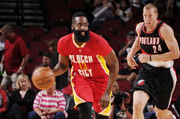 HOUSTON, TX - NOVEMBER 17:  James Harden #13 of the Houston Rockets brings the ball up court against Mason Plumlee #24 of the Portland Trail Blazers during the game on November 17, 2016 at the Toyota Center in Houston, Texas. NOTE TO USER: User expressly acknowledges and agrees that, by downloading and or using this photograph, User is consenting to the terms and conditions of the Getty Images License Agreement. Mandatory Copyright Notice: Copyright 2016 NBAE (Photo by Bill Baptist/NBAE via Getty Images)