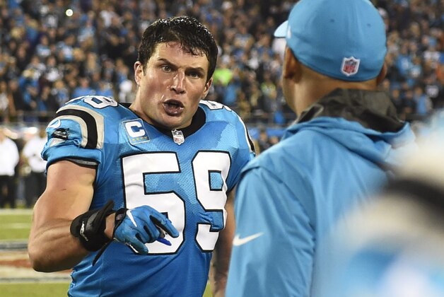 Nov 17, 2016; Charlotte, NC, USA; Carolina Panthers middle linebacker Luke Kuechly (59) reacts in the second quarter at Bank of America Stadium. Mandatory Credit: Bob Donnan-USA TODAY Sports