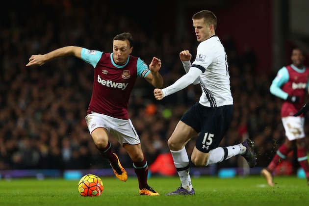 LONDON, ENGLAND - MARCH 02:  Mark Noble of West Ham battles with Eric Dier of Spurs during the Barclays Premier League match between West Ham United and Tottenham Hotspur at Boleyn Ground on March 2, 2016 in London, England.  (Photo by Julian Finney/Getty Images)