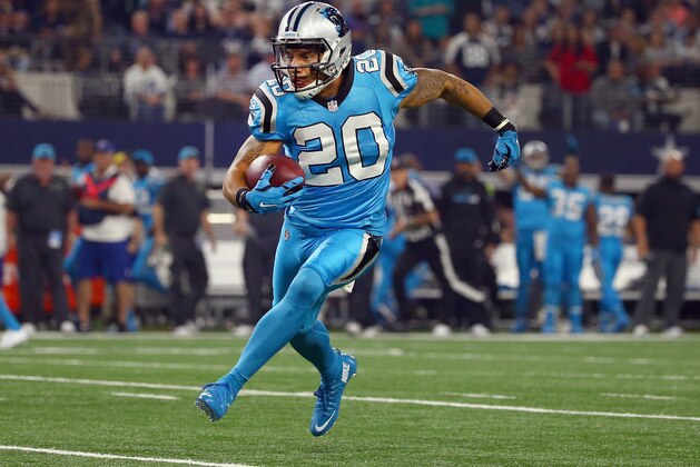 ARLINGTON, TX - NOVEMBER 26:  Kurt Coleman #20 of the Carolina Panthers returns an interception for a touchdown against the Dallas Cowboys in the first quarter at AT&T Stadium on November 26, 2015 in Arlington, Texas.  (Photo by Tom Pennington/Getty Images)
