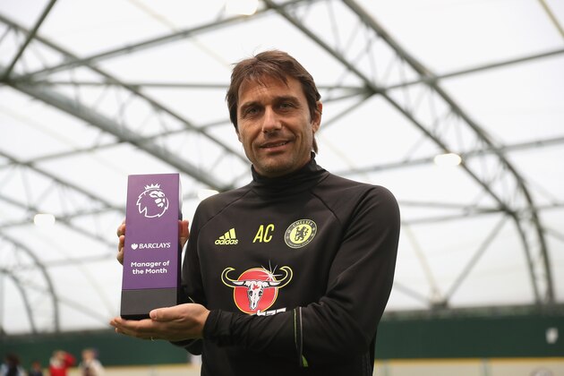 COBHAM, ENGLAND - NOVEMBER 17:  Manager Antonio Conte of Chelsea is awarded the October Manager of the Month at the Chelsea Training Ground on November 17, 2016 in Cobham, England.  (Photo by Christopher Lee/Getty Images for Premier League)