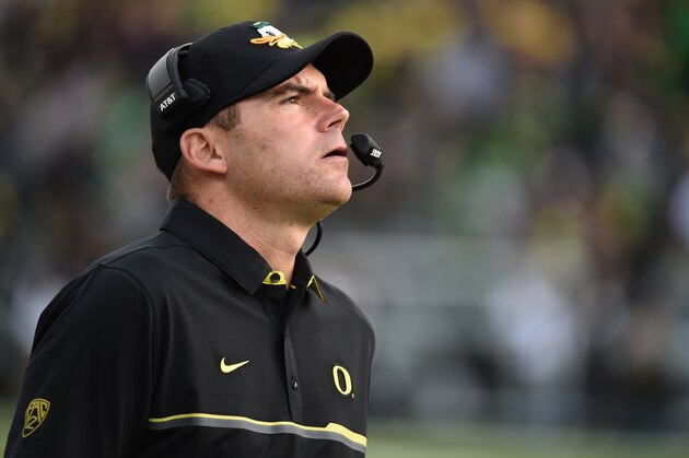 EUGENE, OR - OCTOBER 29: Head coach Mark Helfrich of the Oregon Ducks looks up at the video board during the third quarter of the game against the Arizona State Sun Devils at Autzen Stadium on October 29, 2016 in Eugene, Oregon. (Photo by Steve Dykes/Getty Images)