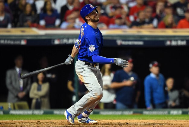 Nov 1, 2016; Cleveland, OH, USA; Chicago Cubs third baseman Kris Bryant hits a single against the Cleveland Indians in the 7th inning in game six of the 2016 World Series at Progressive Field. Mandatory Credit: Tommy Gilligan-USA TODAY Sports