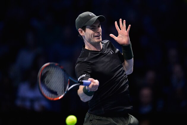 LONDON, ENGLAND - NOVEMBER 18:  Andy Murray of Great Britain plays a forehand in his men's singles match against Stan Wawrinka of Switzerland on day six of the ATP World Tour Finals at O2 Arena on November 18, 2016 in London, England.  (Photo by Justin Setterfield/Getty Images)