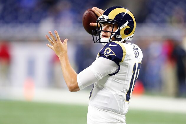 DETROIT, MI - OCTOBER 16: Jared Goff #16 of the Los Angeles Rams warms up prior to the start of the game against the Detroit Lions at Ford Field on October 16, 2016 in Detroit, Michigan. (Photo by Leon Halip/Getty Images)