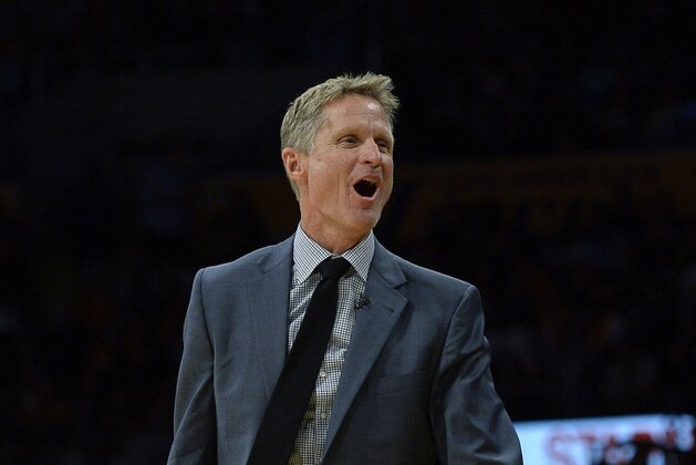 LOS ANGELES, CA - NOVEMBER 4: Head coach Steve Kerr Golden State Warriors reacts after foul call against his team during the second half of the basketball against Los Angeles Lakers at Staples Center November 4, 2016, in Los Angeles, California. Lakers won, 117-97. NOTE TO USER: User expressly acknowledges and agrees that, by downloading and or using this photograph, User is consenting to the terms and conditions of the Getty Images License Agreement. (Photo by Kevork Djansezian/Getty Images)