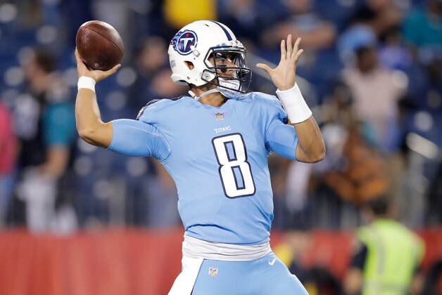 NASHVILLE, TN - OCTOBER 27:  Marcus Mariota #8 of the Tennessee Titans throws a pass before the game against the Jacksonville Jaguars at Nissan Stadium on October 27, 2016 in Nashville, Tennessee.  (Photo by Andy Lyons/Getty Images)