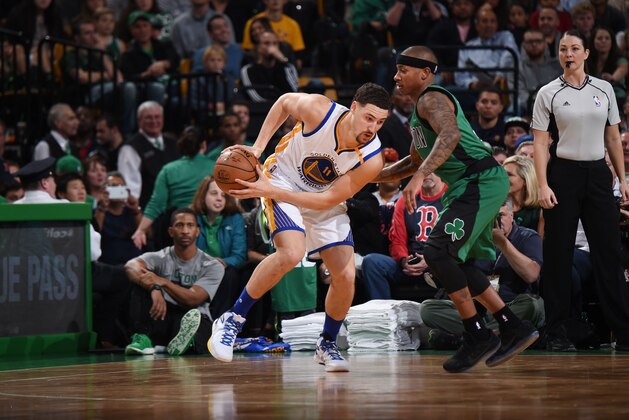 BOSTON, MA - NOVEMBER 18:  Klay Thompson #11 of the Golden State Warriors handles the ball during a game against the Boston Celtics on November 18, 2016 at TD Garden in Boston, Massachusetts. NOTE TO USER: User expressly acknowledges and agrees that, by downloading and or using this photograph, user is consenting to the terms and conditions of the Getty Images License Agreement. Mandatory Copyright Notice: Copyright 2016 NBAE (Photo by Brian Babineau/NBAE via Getty Images)
