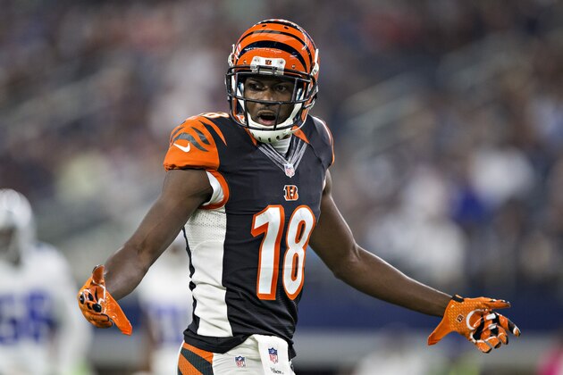 ARLINGTON, TX - OCTOBER 09: A.J. Green #18 of the Cincinnati Bengals looks for a flag to be thrown during a game against the Dallas Cowboys at AT&T Stadium on October 9, 2016 in Arlington, Texas. The Cowboys defeated the Bengals 28-14.  (Photo by Wesley Hitt/Getty Images)