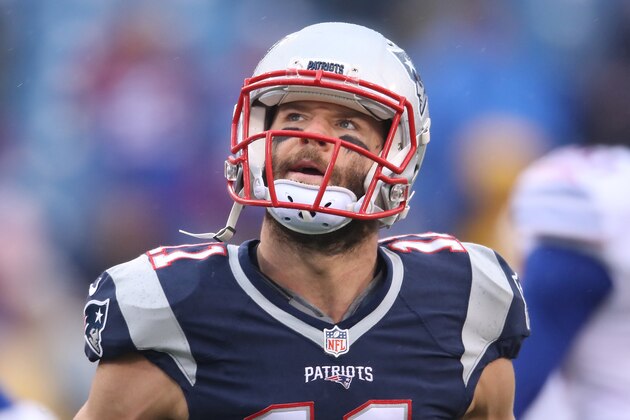 ORCHARD PARK, NY - OCTOBER 30: Julian Edelman #11 of the New England Patriots warms up before the start of NFL game action against the Buffalo Bills at New Era Field on October 30, 2016 in Orchard Park, New York. (Photo by Tom Szczerbowski/Getty Images)
