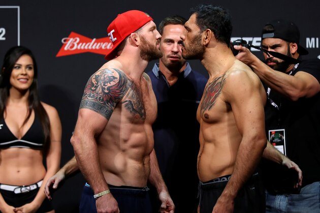 SAO PAULO, BRAZIL - NOVEMBER 18: Opponents Rogerio Nogueira (R) of Brazil and Ryan Bader of the United States face off during the UFC Fight Night weigh-in at Ibirapuera gymnasium on November 18, 2016 in Sao Paulo, Brazil. (Photo by Buda Mendes/Zuffa LLC/Zuffa LLC via Getty Images)