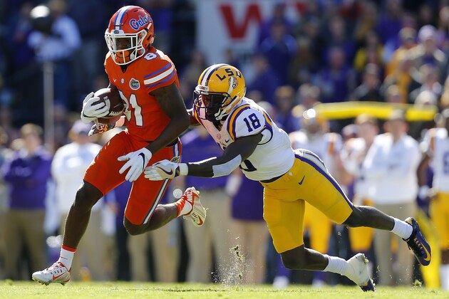 BATON ROUGE, LA - NOVEMBER 19: Antonio Callaway #81 of the Florida Gators runs with the ball as Tre'Davious White #18 of the LSU Tigers defends during the first half of a game at Tiger Stadium on November 19, 2016 in Baton Rouge, Louisiana.  (Photo by Jonathan Bachman/Getty Images)