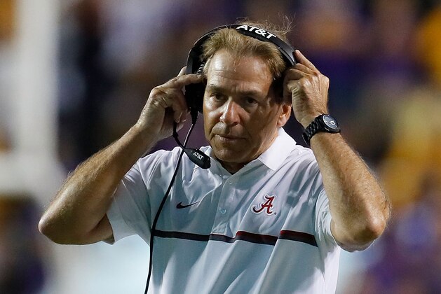 BATON ROUGE, LA - NOVEMBER 05:  Head coach Nick Saban of the Alabama Crimson Tide looks on during the game against the LSU Tigers at Tiger Stadium on November 5, 2016 in Baton Rouge, Louisiana.  (Photo by Kevin C. Cox/Getty Images)