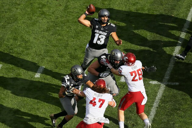 BOULDER, CO - NOVEMBER 19:  Quarterback Sefo Liufau #13 of the Colorado Buffaloes throws a pass against the Washington State Cougars during the first quarter at Folsom Field on November 19, 2016 in Boulder, Colorado. (Photo by Justin Edmonds/Getty Images)