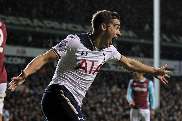 Tottenham Hotspur's English midfielder Harry Winks celebrates after scoring Tottenham's first goal during the English Premier League football match between Tottenham Hotspur and West Ham United at White Hart Lane in London, on November 19, 2016. / AFP / Ian KINGTON / RESTRICTED TO EDITORIAL USE. No use with unauthorized audio, video, data, fixture lists, club/league logos or 'live' services. Online in-match use limited to 75 images, no video emulation. No use in betting, games or single club/league/player publications.  /         (Photo credit should read IAN KINGTON/AFP/Getty Images)