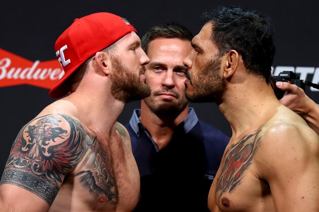 SAO PAULO, BRAZIL - NOVEMBER 18: Opponents Rogerio Nogueira (R) of Brazil and Ryan Bader of the United States face off during the UFC Fight Night weigh-in at Ibirapuera gymnasium on November 18, 2016 in Sao Paulo, Brazil. (Photo by Buda Mendes/Zuffa LLC/Zuffa LLC via Getty Images)