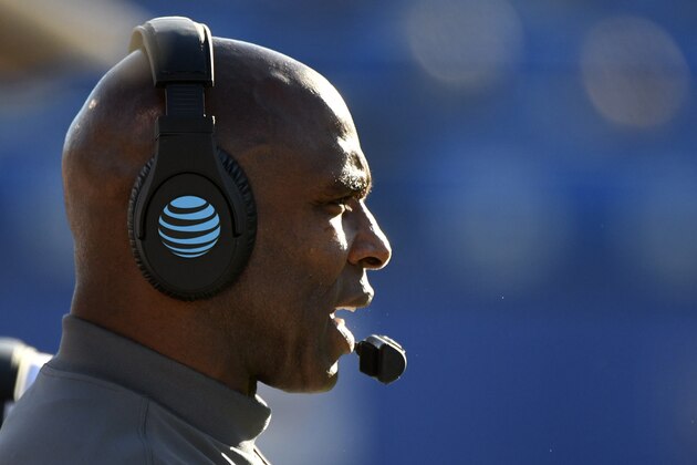 LAWRENCE, KS - NOVEMBER 19: Charlie Strong head coach of the Texas Longhorns watches his team during a game Kansas Jayhawks  in the first quarter at Memorial Stadium on November 19, 2016 in Lawrence, Kansas. (Photo by Ed Zurga/Getty Images)