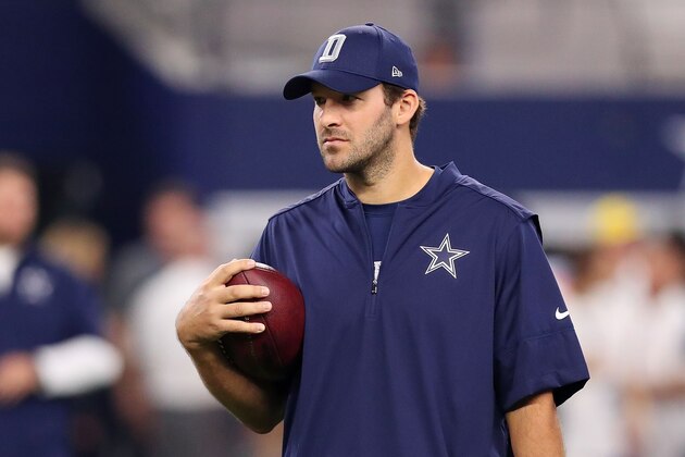 ARLINGTON, TX - SEPTEMBER 25:  Injured Tony Romo #9 of the Dallas Cowboys throws prior to a game against the Chicago Bears at AT&T Stadium on September 25, 2016 in Arlington, Texas.  (Photo by Tom Pennington/Getty Images)