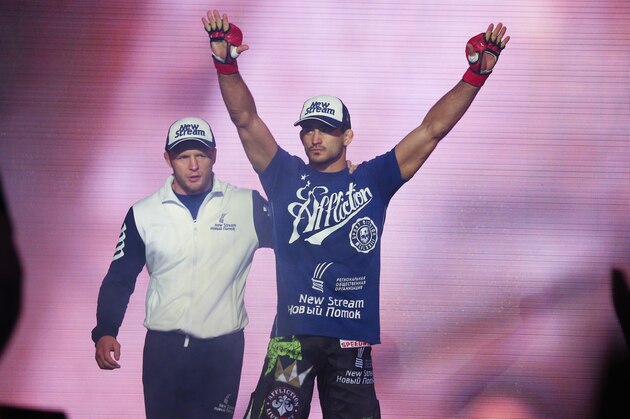 UNCASVILLE, CT - APRIL 22: Bellator welterweight champion Andrey Koreshkov walks to the cage for his bout against Benson Henderson (not shown) at Mohegan Sun Arena on April 22, 2016 in Uncasville, Connecticut. (Photo by Ed Mulholland/Getty Images)