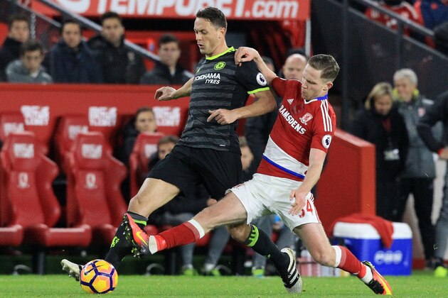 Chelsea's Serbian midfielder Nemanja Matic (L) vies with Middlesbrough's English midfielder Adam Forshaw during the English Premier League football match between Middlesbrough and Cheslea at Riverside Stadium in Middlesbrough, northeast England on November 20, 2016. / AFP / Lindsey PARNABY / RESTRICTED TO EDITORIAL USE. No use with unauthorized audio, video, data, fixture lists, club/league logos or 'live' services. Online in-match use limited to 75 images, no video emulation. No use in betting, games or single club/league/player publications.  /         (Photo credit should read LINDSEY PARNABY/AFP/Getty Images)