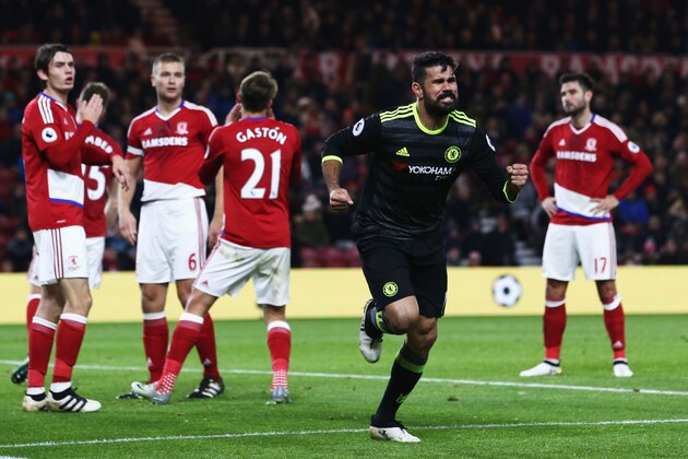 MIDDLESBROUGH, ENGLAND - NOVEMBER 20:  Diego Costa of Chelsea celebrates scoring the opening goal during the Premier League match between Middlesbrough and Chelsea at Riverside Stadium on November 20, 2016 in Middlesbrough, England.  (Photo by Jan Kruger/Getty Images)