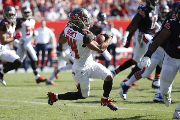 TAMPA, FL - NOVEMBER 13: Brent Grimes #24 of the Tampa Bay Buccaneers runs with the ball after an interception against the Chicago Bears in the first half of the game at Raymond James Stadium on November 13, 2016 in Tampa, Florida. (Photo by Joe Robbins/Getty Images)