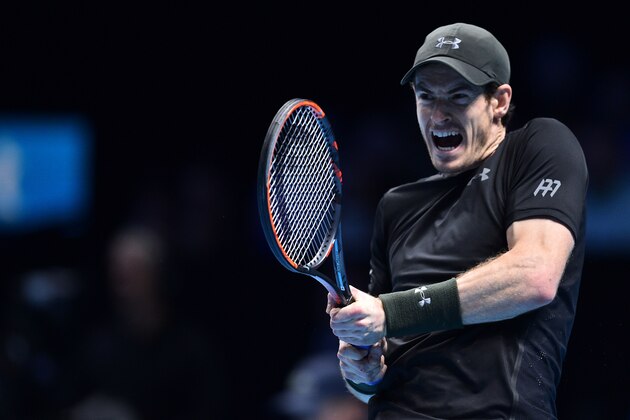 Britain's Andy Murray returns against Serbia's Novak Djokovic during the men's singles final on the eighth and final day of the ATP World Tour Finals tennis tournament in London on November 20, 2016. / AFP / Glyn KIRK        (Photo credit should read GLYN KIRK/AFP/Getty Images)