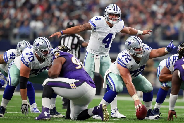 ARLINGTON, TX - NOVEMBER 20:   Dak Prescott #4 of the Dallas Cowboys calls a play at the line of scrimmage during the fourth quarter against the Baltimore Ravens at AT&T Stadium on November 20, 2016 in Arlington, Texas.  (Photo by Tom Pennington/Getty Images)