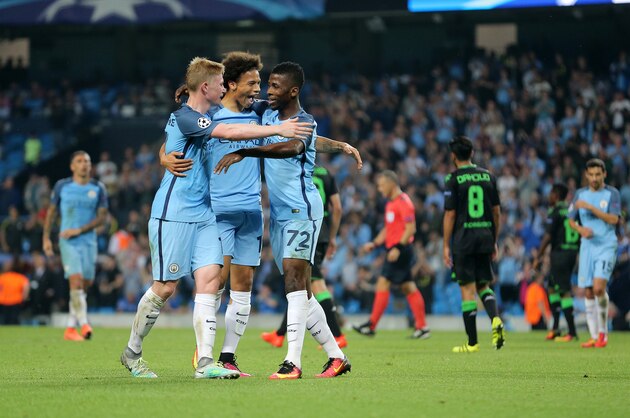 MANCHESTER, ENGLAND - SEPTEMBER 14: Kelechi Iheanacho of Manchester City celebrates with his team-mates after scoring a goal to make it 4-0 during the UEFA Champions League match between Manchester City and VfL Borussia Moenchengladbach at Etihad Stadium on September 14, 2016 in Manchester, England. (Photo by James Baylis - AMA/Getty Images)