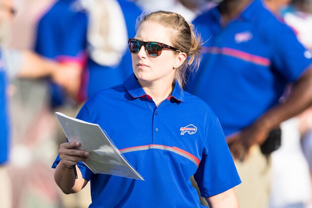 ORCHARD PARK, NY - AUGUST 20:  Kathryn Smith, Buffalo Bills quality control-special teams coach, walks the sideline during the game against the New York Giants on August 20, 2016 at New Era Field in Orchard Park, New York. Buffalo defeats New York 21-0.  (Photo by Brett Carlsen/Getty Images)