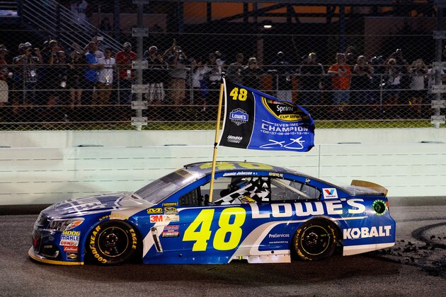 HOMESTEAD, FL - NOVEMBER 20:  Jimmie Johnson, driver of the #48 Lowe's Chevrolet, celebrates after winning the NASCAR Sprint Cup Series Ford EcoBoost 400 and the 2016 NASCAR Sprint Cup Series Championship at Homestead-Miami Speedway on November 20, 2016 in Homestead, Florida. Johnson wins a record-tying 7th NASCAR title.  (Photo by Robert Laberge/Getty Images)
