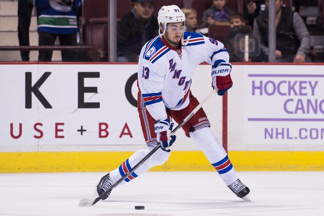 VANCOUVER, BC - NOVEMBER 15: Mika Zibanejad #93 of the New York Rangers shoots the puck during the pre-game warm up prior to NHL action against the Vancouver Canucks on November 15, 2016 at Rogers Arena in Vancouver, British Columbia, Canada.  (Photo by Rich Lam/Getty Images)
