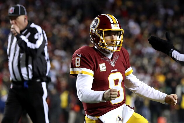 LANDOVER, MD - NOVEMBER 20: Quarterback Kirk Cousins #8 of the Washington Redskins celebrates after teammate running back Rob Kelley #32 (not pictured) scores a fourth quarter touchdown against the Green Bay Packers at FedExField on November 20, 2016 in Landover, Maryland. (Photo by Rob Carr/Getty Images)