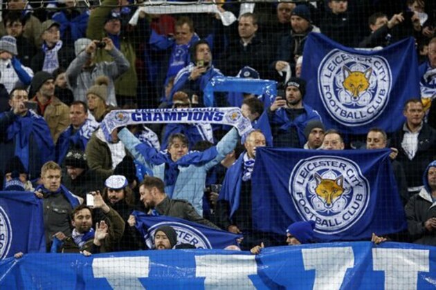 Leicester City's fans show their support during their Champions League Group G soccer match against FC Copnehagen at Parken Stadium in Copenhagen, Wednesday, Nov. 2, 2016. (Jens Dresling/Polfoto via AP)