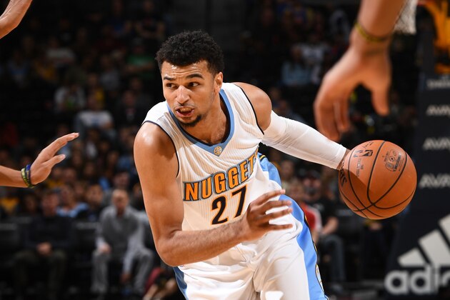 DENVER, CO - NOVEMBER 20: Jamal Murray #27 of the Denver Nuggets handles the ball against the Utah Jazz on November 20, 2016 at the Pepsi Center in Denver, Colorado. NOTE TO USER: User expressly acknowledges and agrees that, by downloading and/or using this Photograph, user is consenting to the terms and conditions of the Getty Images License Agreement. Mandatory Copyright Notice: Copyright 2016 NBAE  (Photo by Garrett Ellwood/NBAE via Getty Images)