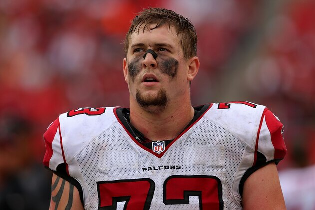 TAMPA, FL - NOVEMBER 09:  Ryan Schraeder #73 of the Atlanta Falcons looks on during a game against the Tampa Bay Buccaneers at Raymond James Stadium on November 9, 2014 in Tampa, Florida.  (Photo by Mike Ehrmann/Getty Images)