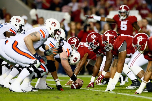 TUSCALOOSA, AL - NOVEMBER 29:  The Auburn Tigers lines up against the Alabama Crimson Tide during the second half of the Iron Bowl at Bryant-Denny Stadium on November 29, 2014 in Tuscaloosa, Alabama.  (Photo by Kevin C. Cox/Getty Images)
