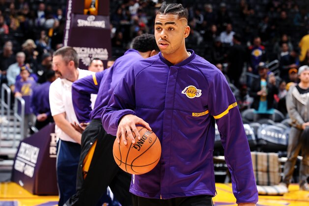 LOS ANGELES, CA - NOVEMBER 20: D'Angelo Russell #1 of the Los Angeles Lakers warms up before the game against the Chicago Bulls on November 20, 2016 at STAPLES Center in Los Angeles, California. NOTE TO USER: User expressly acknowledges and agrees that, by downloading and/or using this Photograph, user is consenting to the terms and conditions of the Getty Images License Agreement. Mandatory Copyright Notice: Copyright 2016 NBAE (Photo by Andrew D. Bernstein/NBAE via Getty Images)