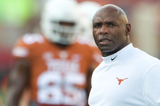 AUSTIN, TX - AUGUST 30:  Texas Longhorns head coach Charlie Strong looks on during warmups before kickoff against the North Texas Mean Green on August 30, 2014 at Darrell K Royal-Texas Memorial Stadium in Austin, Texas.  (Photo by Cooper Neill/Getty Images)