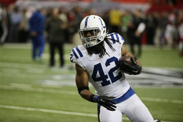 Indianapolis Colts strong safety Clayton Geathers (42) warms up before the first of an NFL football game against the Atlanta Falcons, Sunday, Nov. 22, 2015, in Atlanta. (AP Photo/David Goldman)