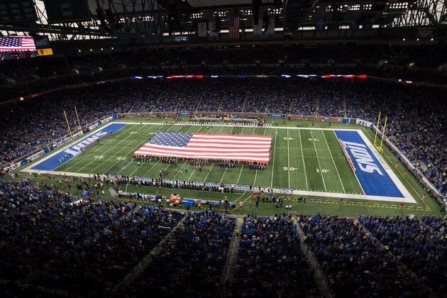 DETROIT, MI - NOVEMBER 20: The NFL celebrates Salute to Service Military Appreciation presenting the American Flag on field during the National Anthem prior to a game between the Detroit Lions and the Jacksonville Jaguars at Ford Field on November 20, 2016 in Detroit, Michigan. (Photo by Dave Reginek/Getty Images)