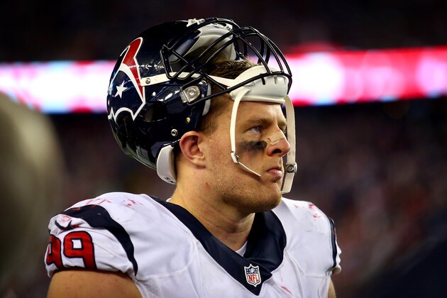 FOXBORO, MA - SEPTEMBER 22:  J.J. Watt #99 of the Houston Texans looks on during the first half against the New England Patriots at Gillette Stadium on September 22, 2016 in Foxboro, Massachusetts.  (Photo by Adam Glanzman/Getty Images)